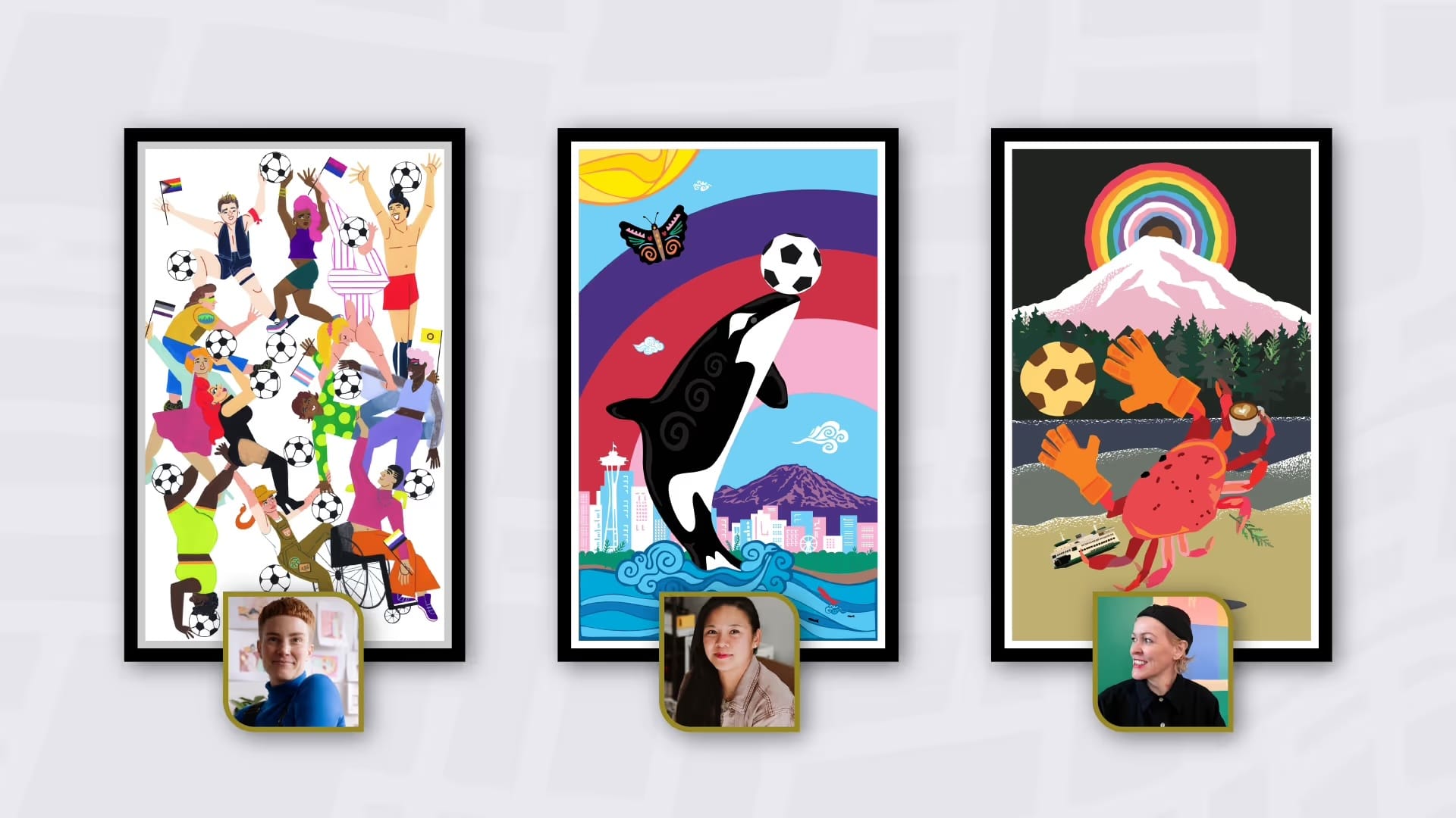 A composite image showing three colorful poster designs with three corresponding artist's faces below each.