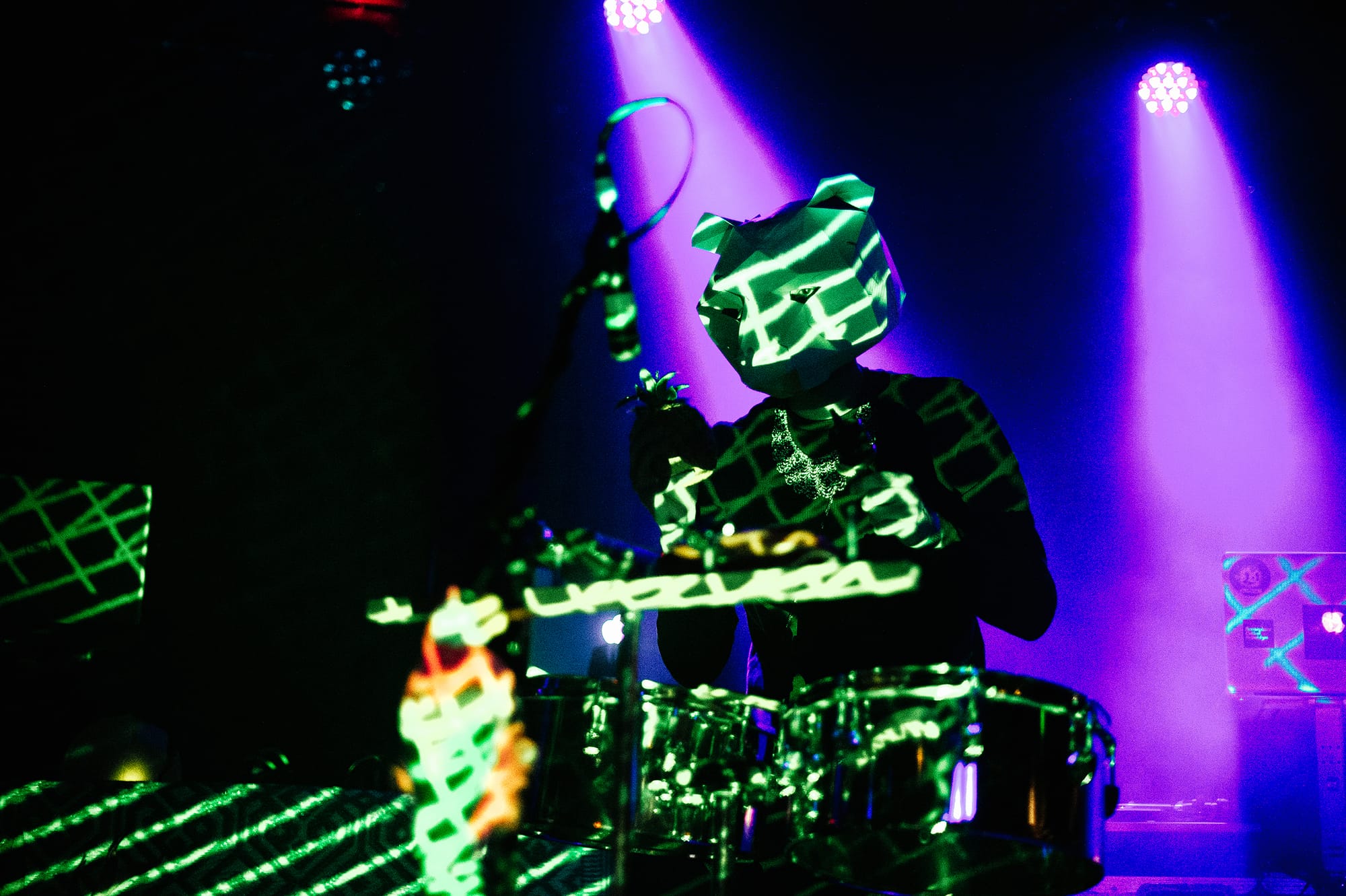 David Plell of Terror/Cactus controls runs the percussive section of the performance at Electropika 2.0 at The Crocodile on March 29 2019. Terror/Cactus' stage performance is enriched by intense visual projections and white animal masks worn by the performers.  (Photo by Caean Couto)
