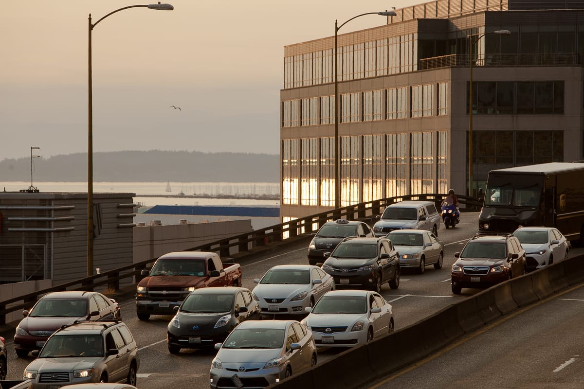 Traffic crosses the old Highway 99 viaduct in downtown Seattle