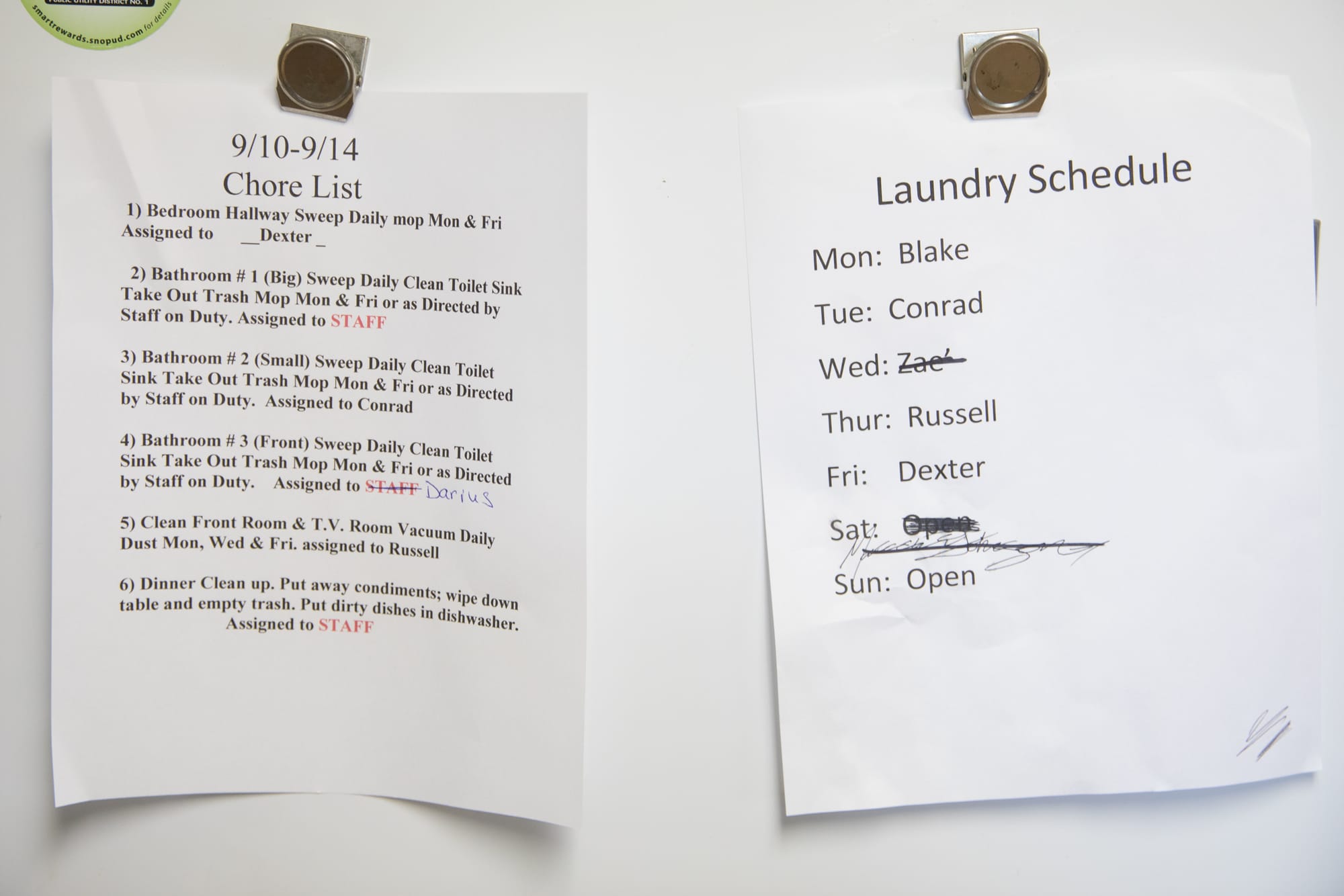 A chore list and laundry schedule for Secret Harbor foster home residents in Burlington, WA. (Matt M. McKnight/Crosscut)