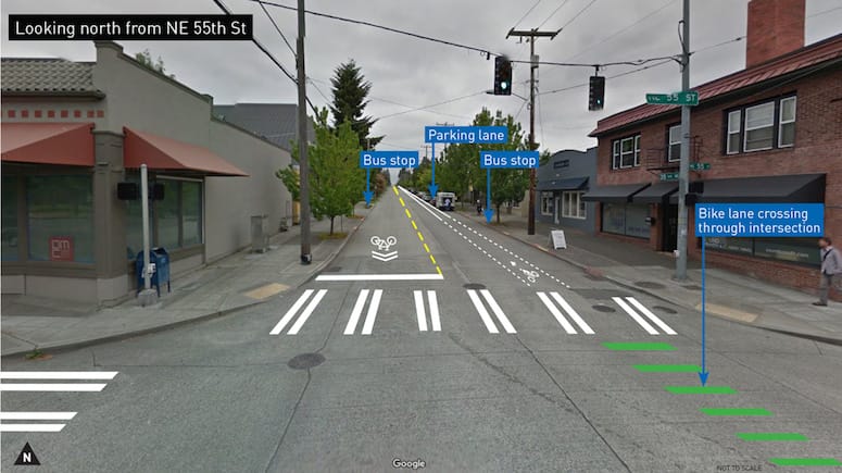 City graphic about the intersection of 35th Avenue NE and NE 55th Street, looking north on 35t