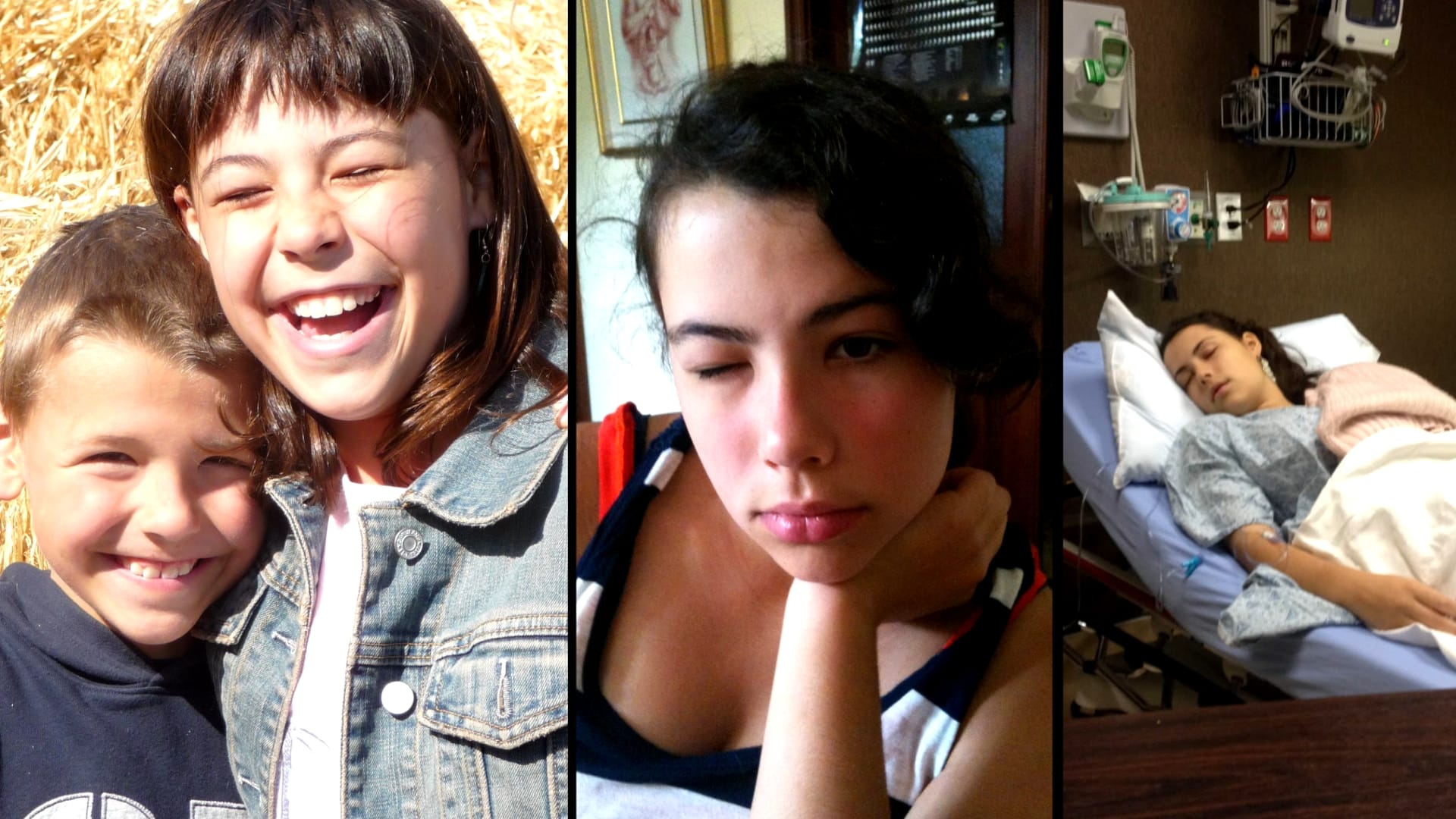 Triptych of Bella as a child, with symptoms, and in a hospital bed