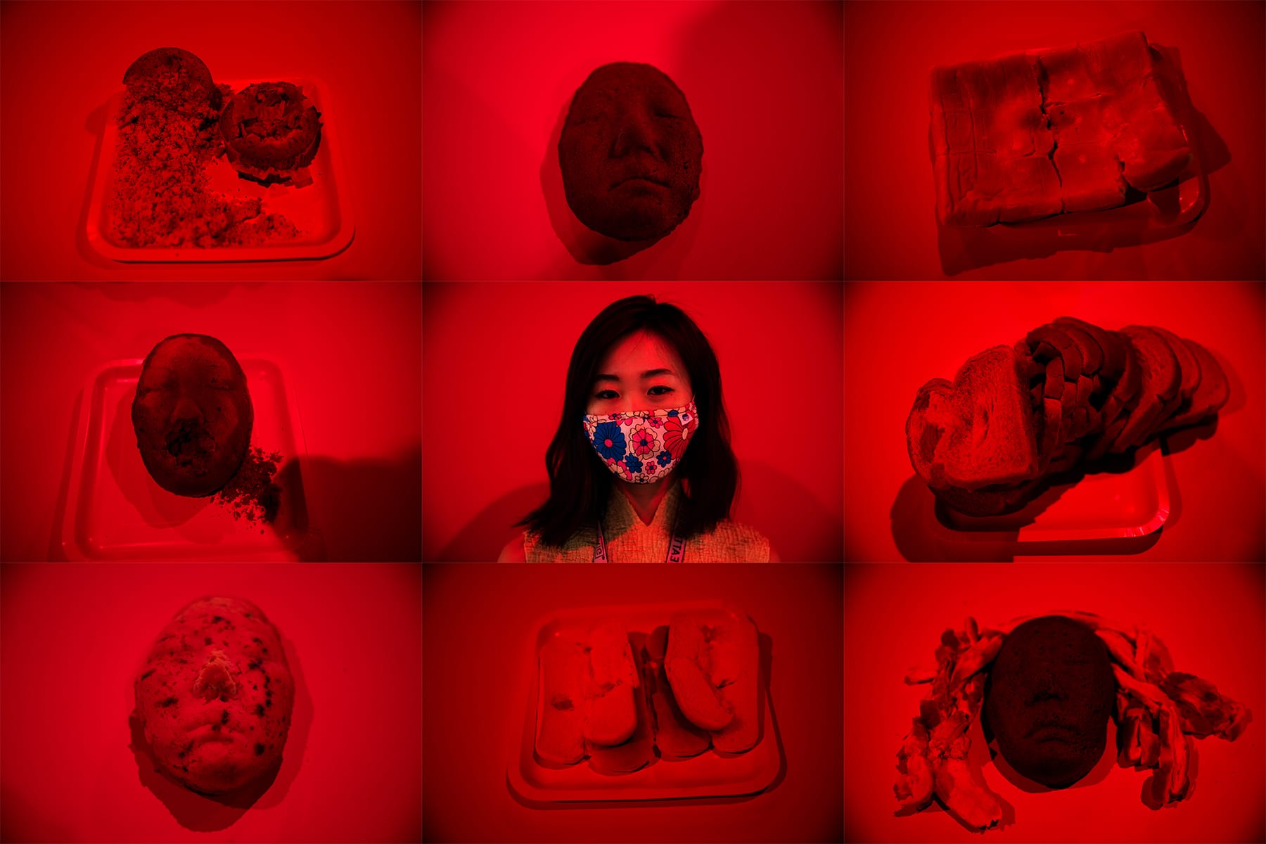 A composite of bread that has been smushed in to attendee’s faces, an installation by Bread Face, center, during the Seattle Art Fair at CenturyLink Field Event Center on Aug. 1, 2019. 