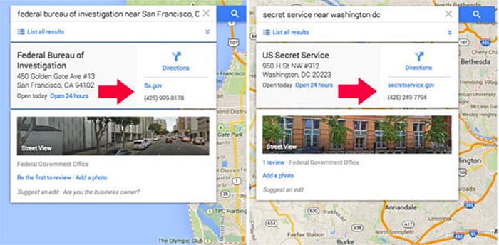 Two fake listings Seely created for the FBI and Secret Service, which allowed him to record incoming calls to the offices.