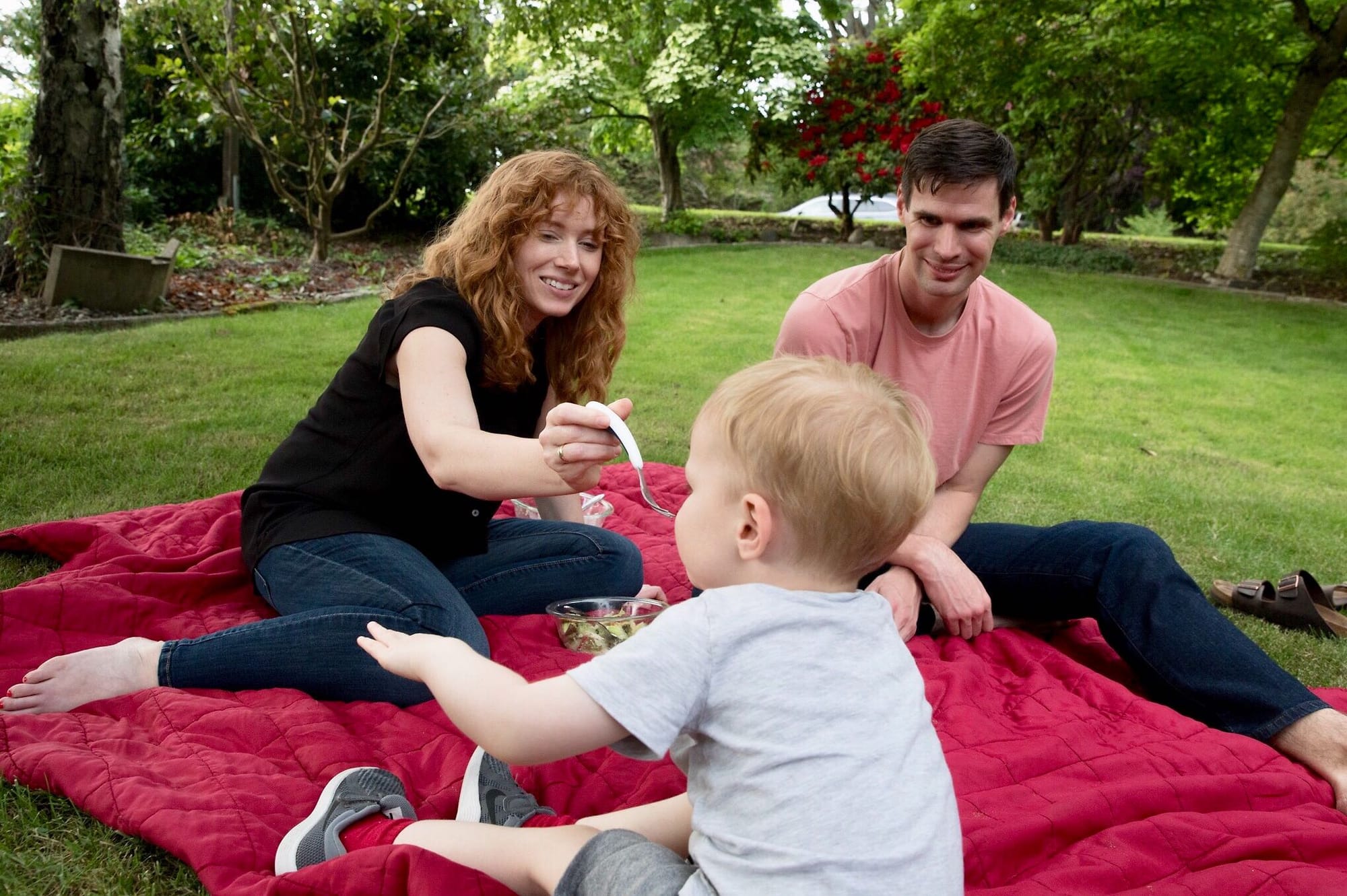 Claire Bellefleur and husband James Brabant sit with their 3-year-old son, Lowell, at their home in Skyway on May 22, 2019.