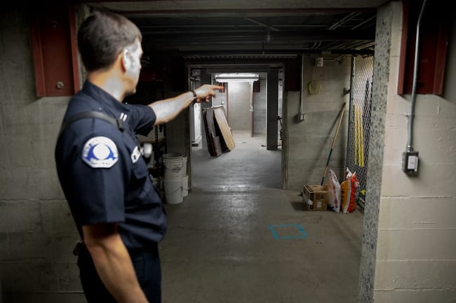 Captain Duncan Jewell in the basement of Fire Station 31