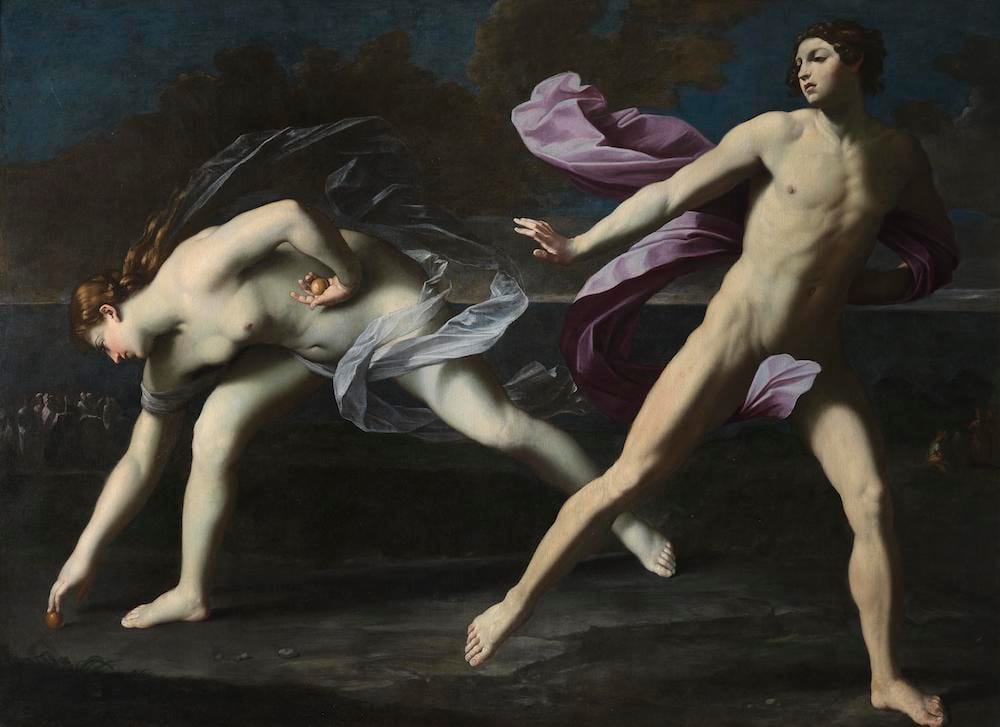 Renaissance oil painting of two nudes racing