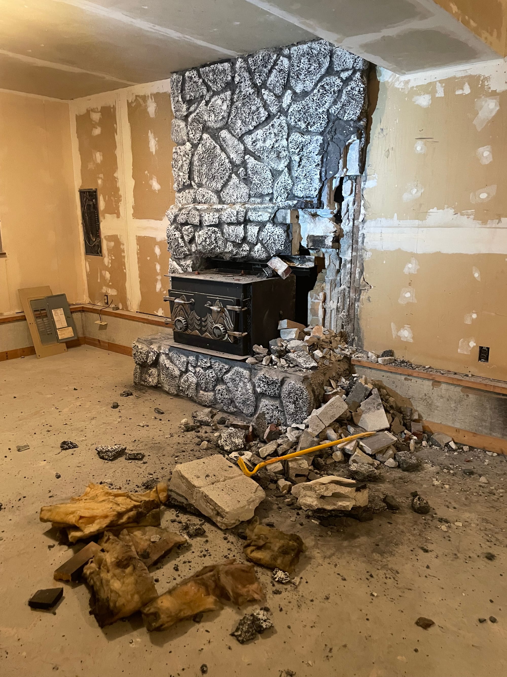 A demolished fireplace