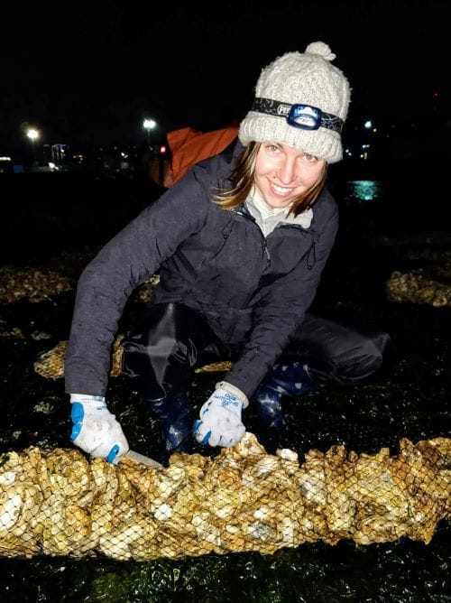 Photo of a scientist with a net of oysters.