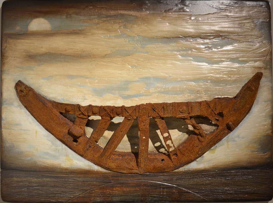 Steve Jensen, “Sunken Ship” (2017), oil and Italian plaster on wood, steel found on beach