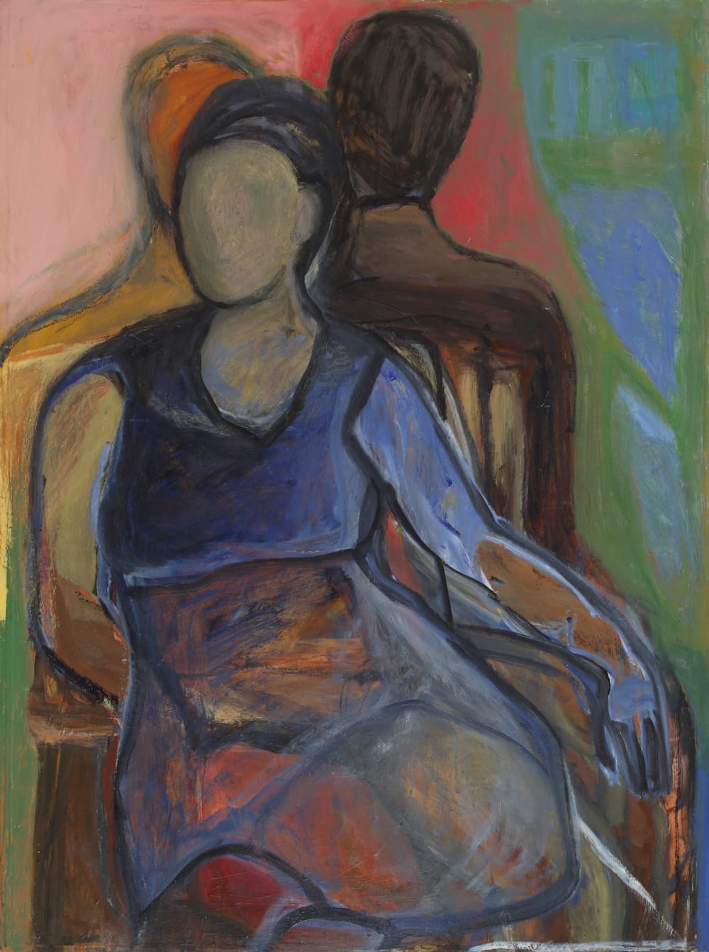 Karen Kosoglad, “Three Figures” (2018), oil on board (Photo courtesy of Harris/Harvey Gallery)