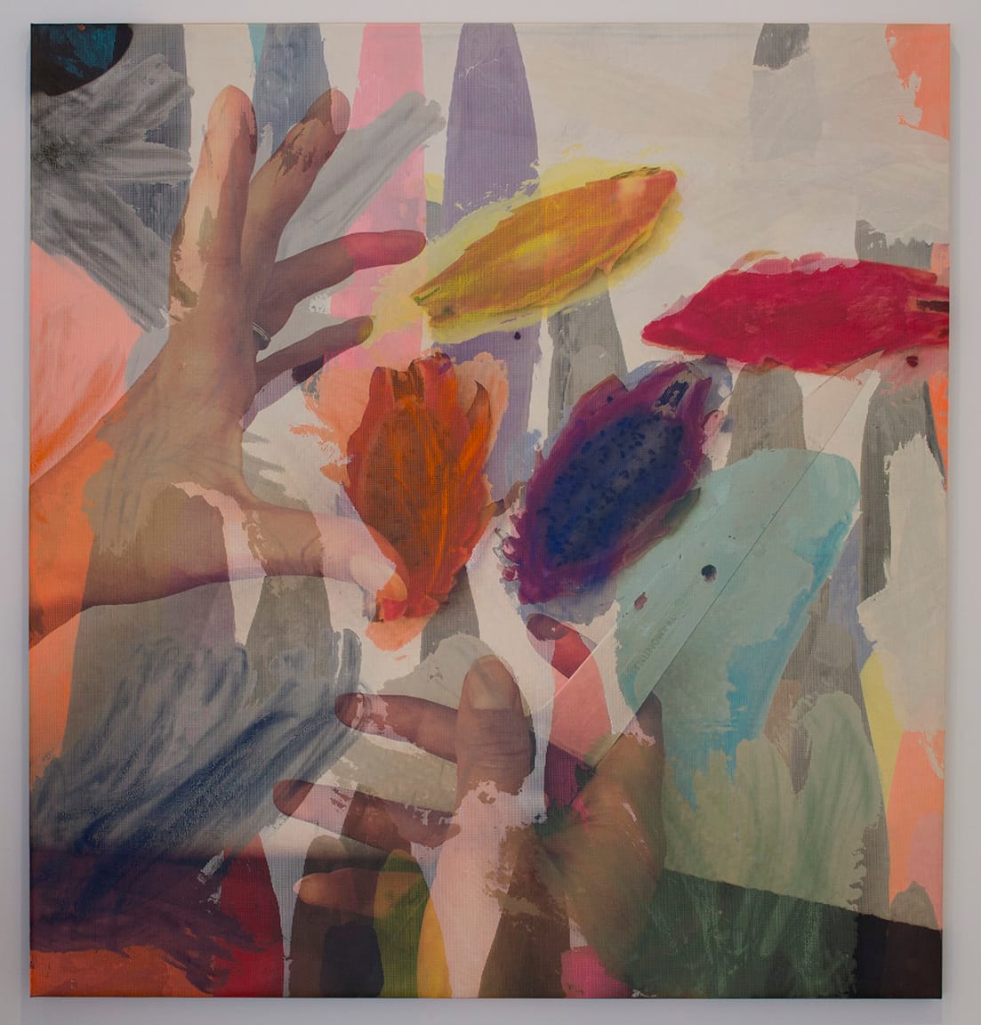 Evan Nesbit, “Manifold Painting (Social Vivisection)” (2018), acrylic and inkjet print on vinyl [THE ONE WITH THE HANDS] (Photo courtesy of James Harris Gallery)   