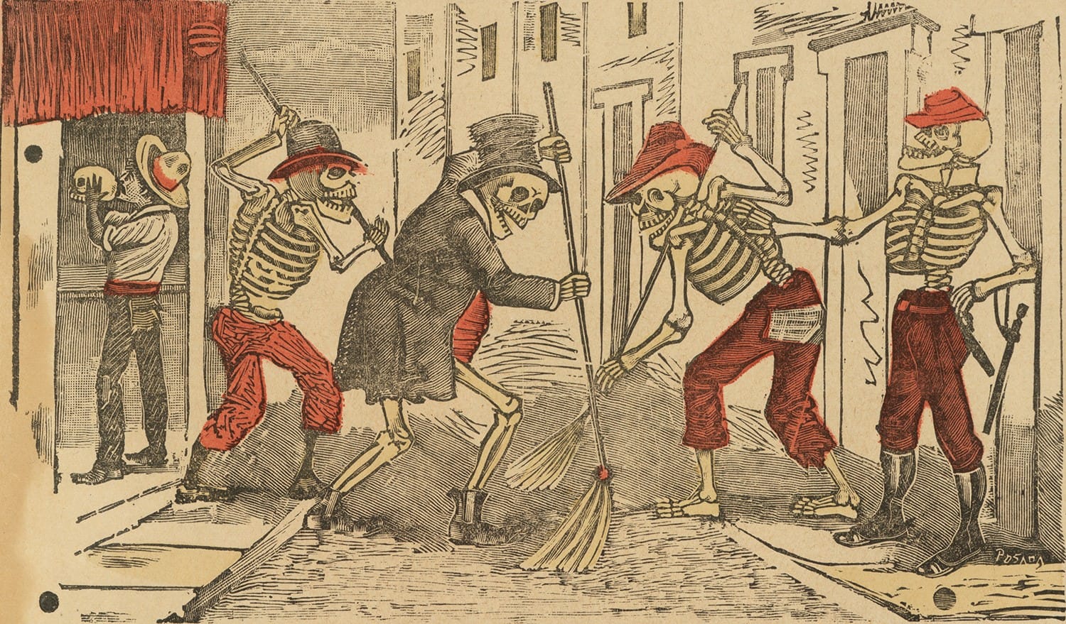 José Guadalupe Posada, detail from “Calavera de los Patinadores” (“Street Sweeper’s Calavera” (no date), broadside: letterpress, relief print ( Photo courtesy of Bellevue Arts Museum)