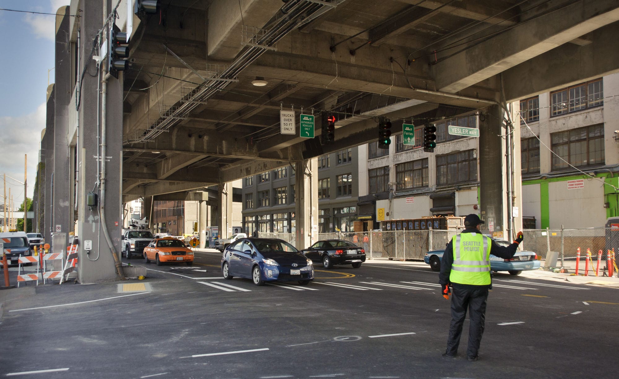 Underneath the Alaskan Way Viaduct, which gives thousands of drivers a daily opportunity to tempt fate.