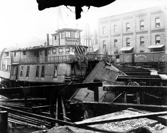 Wayside Emergency Hospital, in an old ship docked at the foot of Jackson Street.