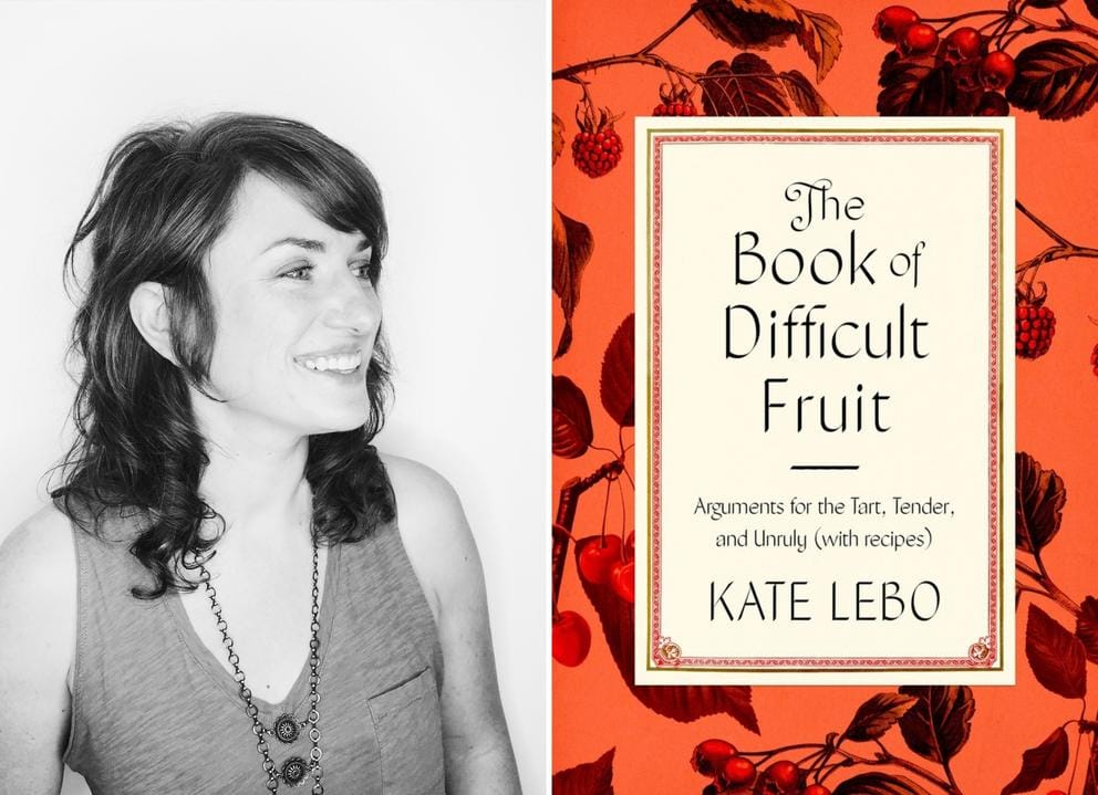 Left: portrait photo of a white woman with medium lenght hair, laughing - in black and white. On the right: an orange book cover with title