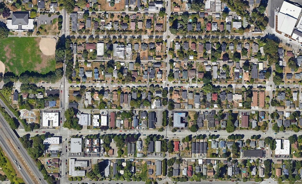 South Park from above revels a neighborhood with unkempt parks and many streets with few trees and vegetation.
