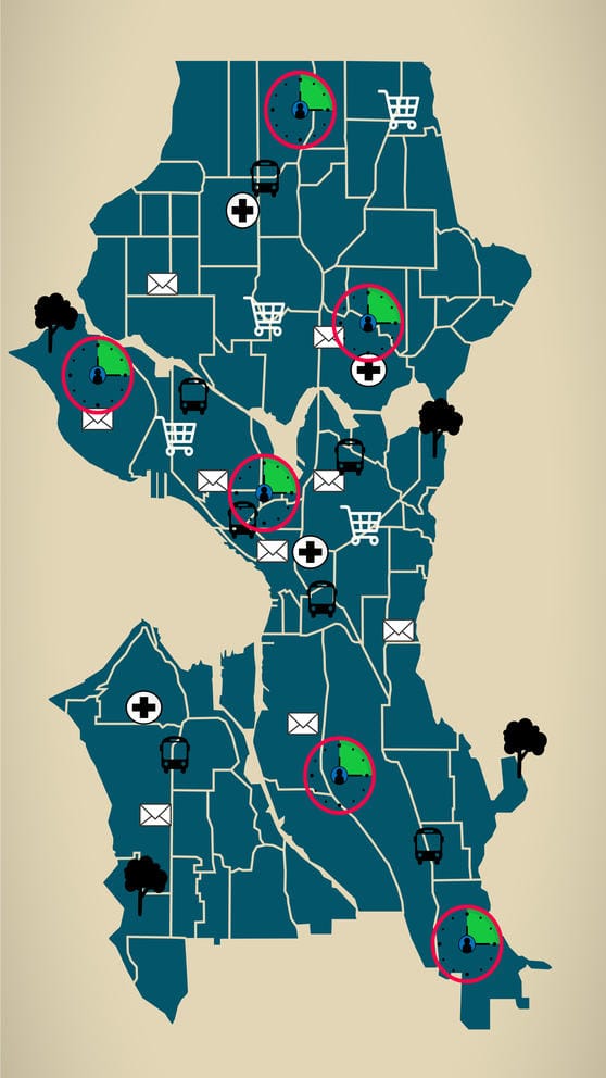 map of seattle with clocks showing 15 minute cities and symbols of envelopes, grocery carts and trees