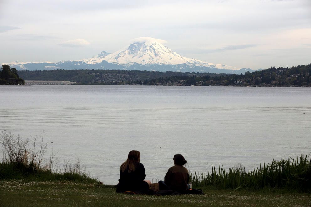 two park goers enjoy a view of lake washington and mount rainier