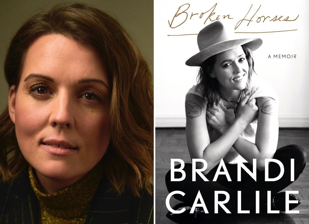 On the left, a close-up shot of Brandi Carlile, a white woman with mid-length brown hair, looking into the camera. On the right, a book cover in black and white featuring Brandi Carlile and the title