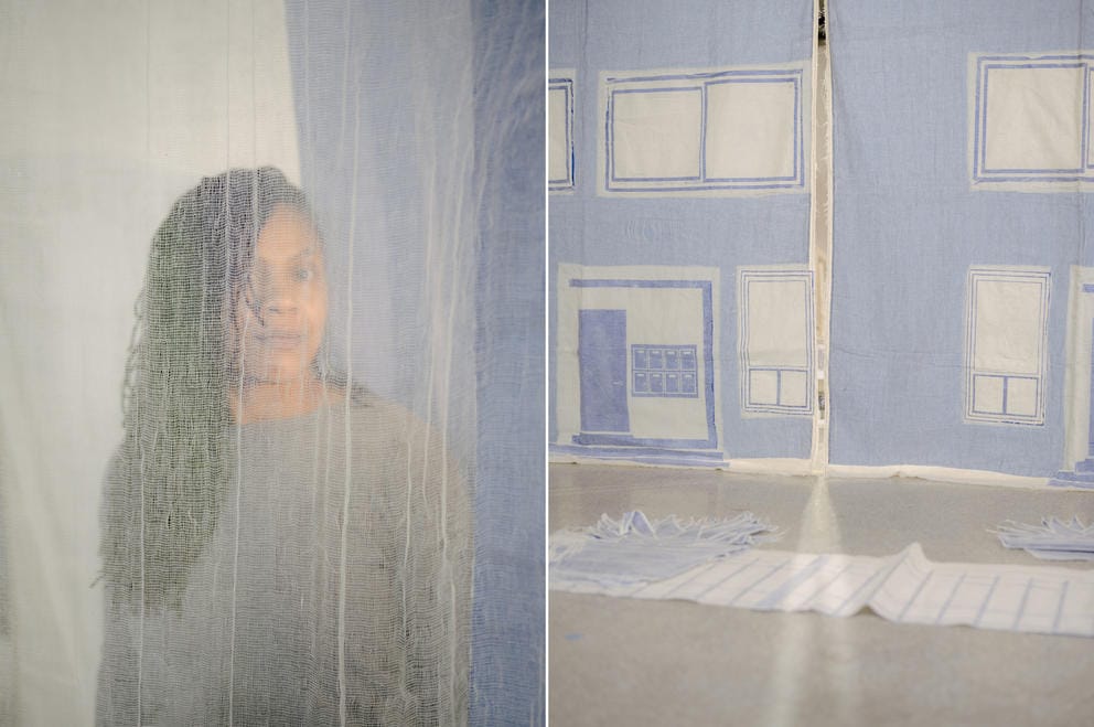 Person behind piece of see-through fabric in white and blue, next to a photo of the fabric featuring architectural details of a building in white and blue