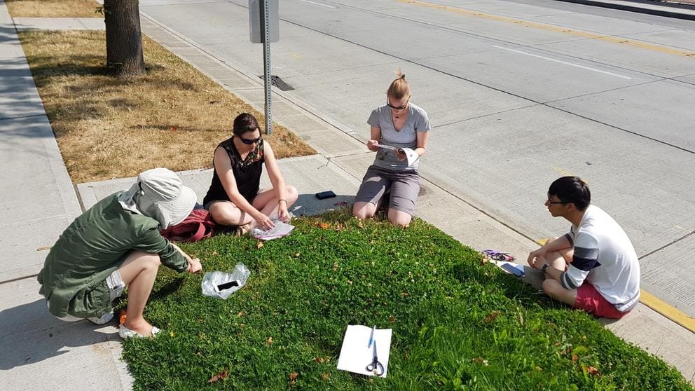 four people kneel and crouch on grass on a sunny day