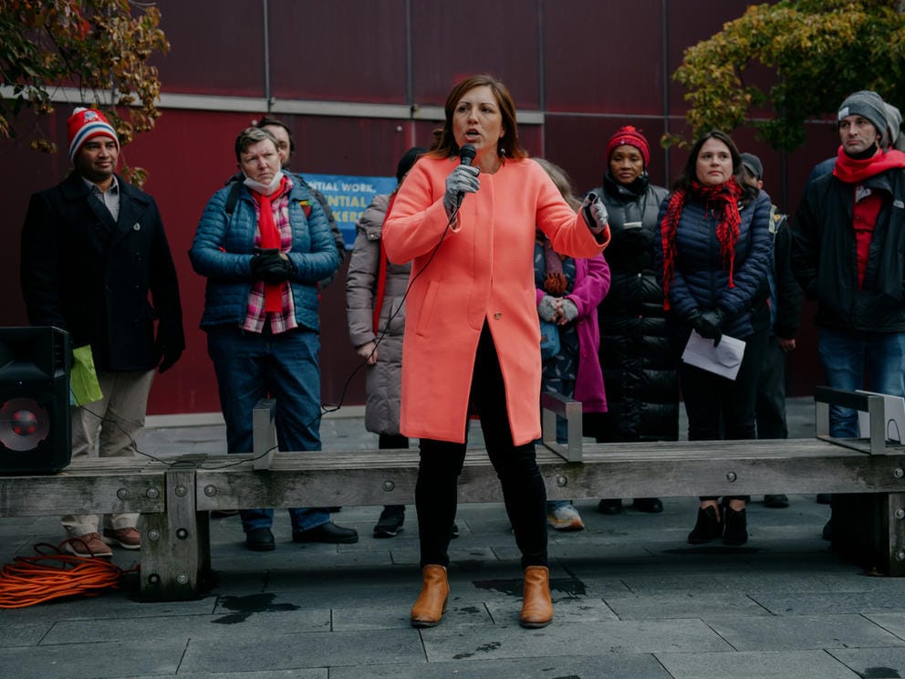 seattle council member teresa mosqueda speaks outside city hall