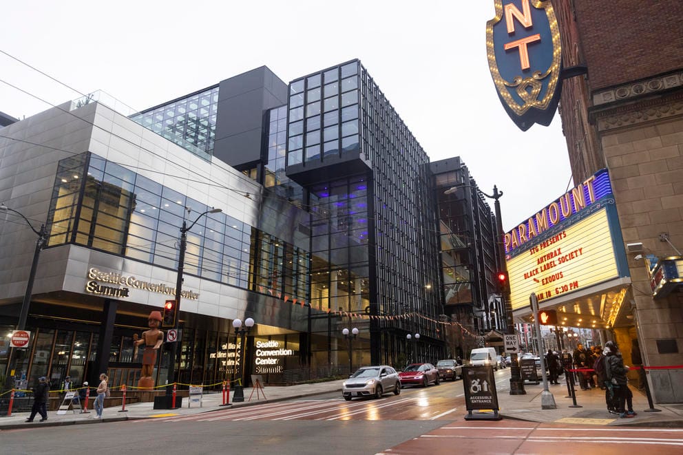The outside of the new Seattle Convention Center Summit building, across the street from the Paramount Theater.