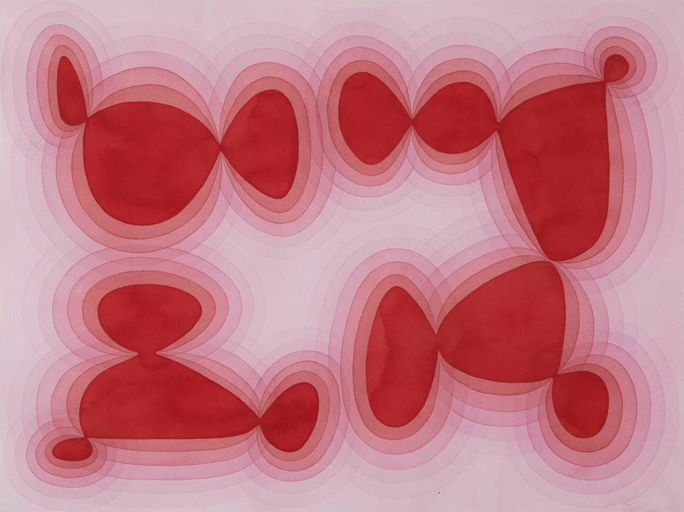 red blobs float on a pink backdrop, leaving ripple-like effects in the pink backdrop