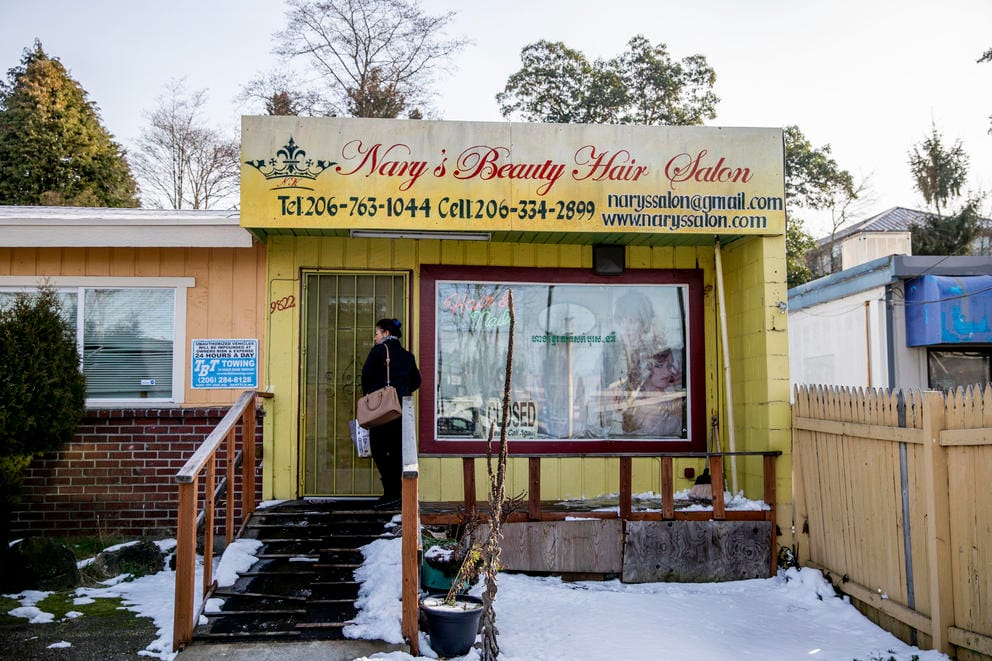 Nary unlocks the salon door