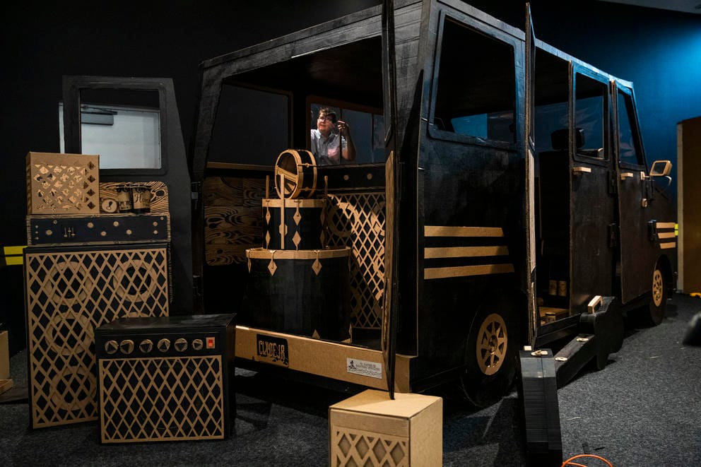 Clyde Petersen's cardboard tour van at Bellevue Arts Museum