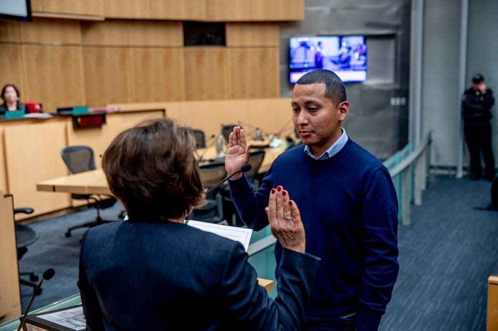 Abel Pacheco is sworn in to Seattle City Council on April 22, 2019. Pacheco was appointed to replace Rob Johnson in District 4 after he resigned. (Photo by Dorothy Edwards/Crosscut)