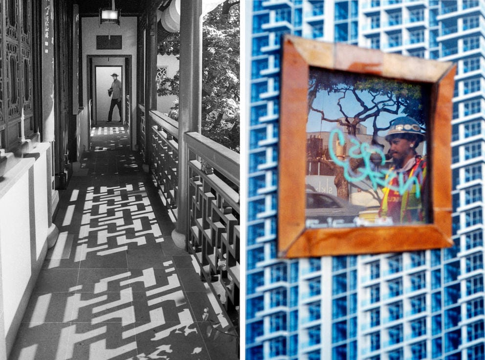 At left, a black and white image of a person walking through a doorway, shadows are cast on the floor by designs in a railing. At right, the reflection of a man in a hard hat and vest is seen in a framed image on a blue patterned wall