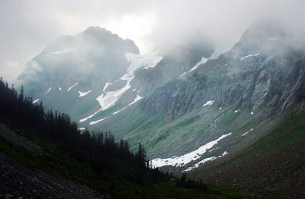 mountains in the fog