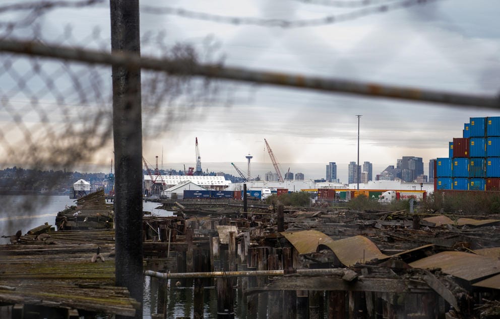 photo of the Seattle skyline featuring the space needle, through a fence, the sky is punctuated with industrial cranes