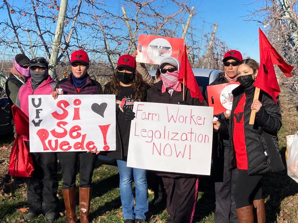 Protesters holding signs and banners