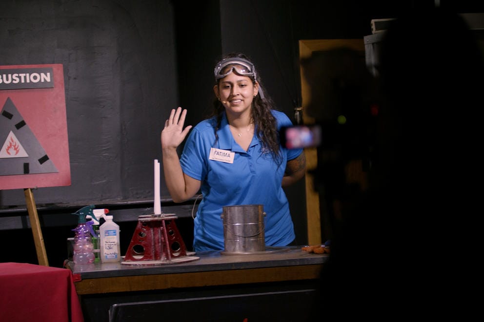 A PacSci science educator speaks into a camera for remote student learning.