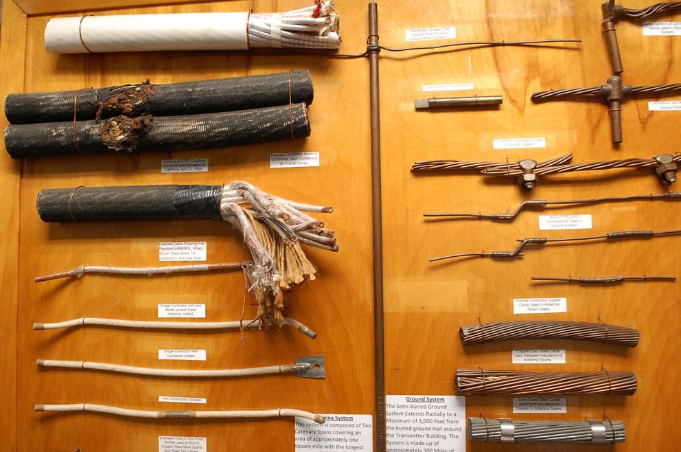 A display of rows of various kinds of radio transmission cables