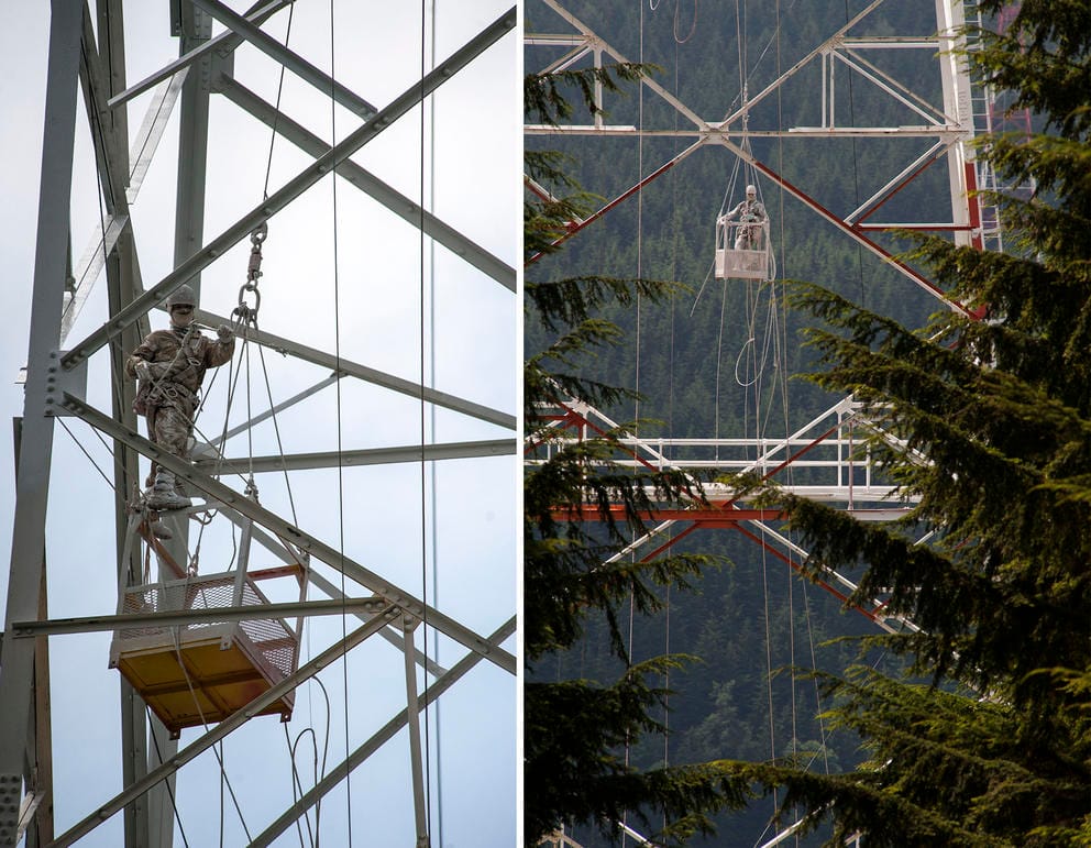 Two photos of workers conducting maintenance on steel structures