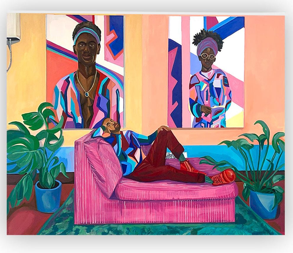 An illustration of a man lying on a pink couch surrounded by plants, and the wall behind him has portraits.