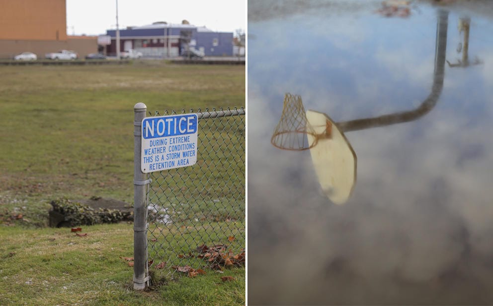 At left, a sign at a playfield reads