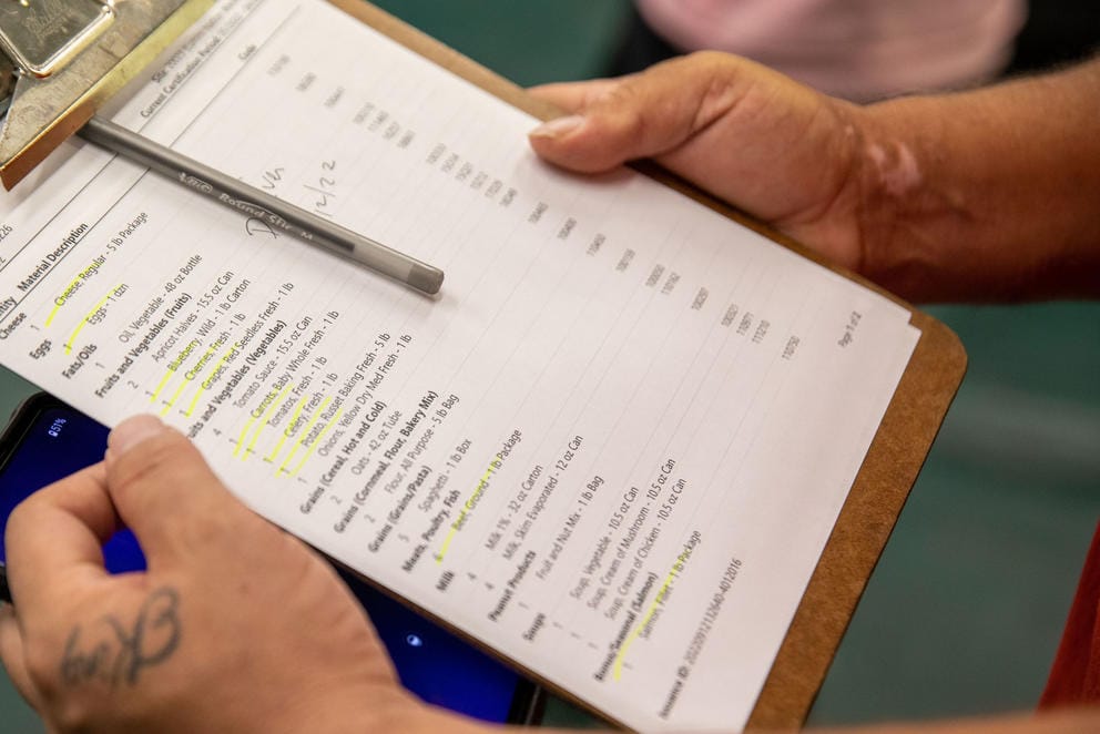 Close up of hands holding a clipboard holding a product list, including cheese, eggs, fats/oils, fruits, vegetables, grains, meat, and milk