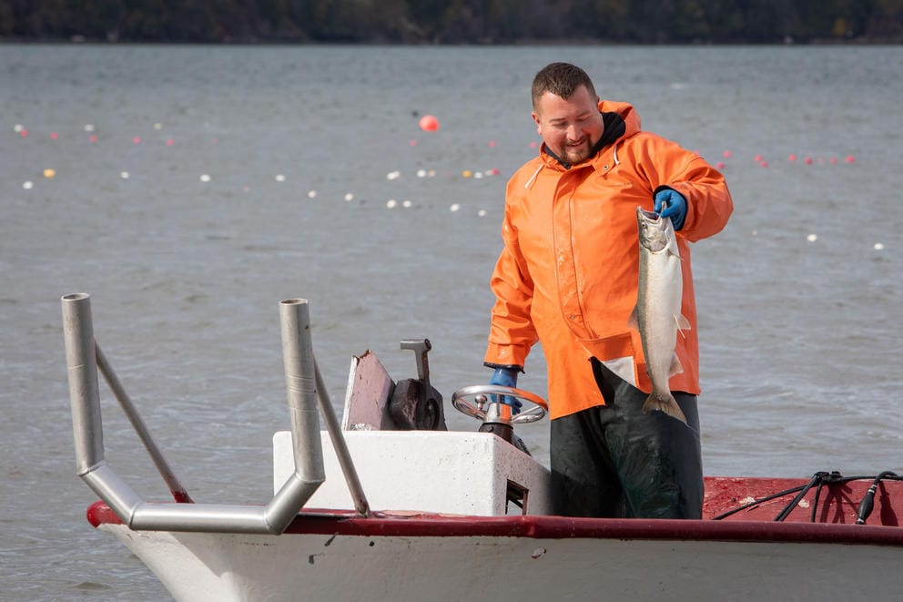 A man standing on a boat holds up a fish
