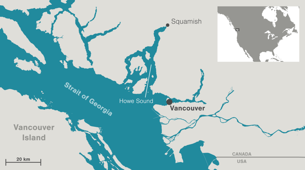 A map pointing to Howe Sound, which sits northwest of Vancouver, BC