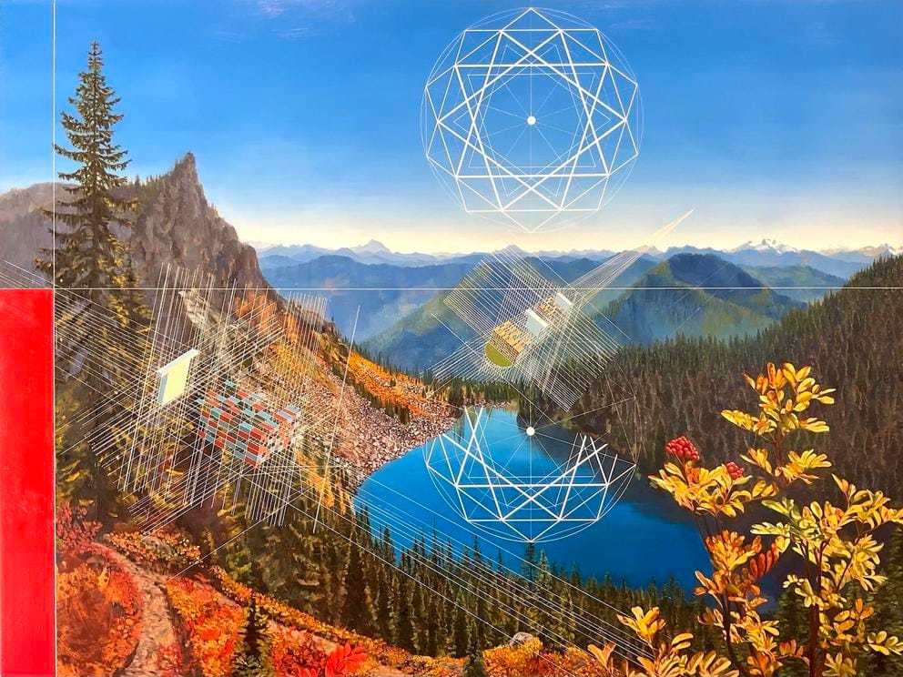 a painting of a mountainscape with graphic lines