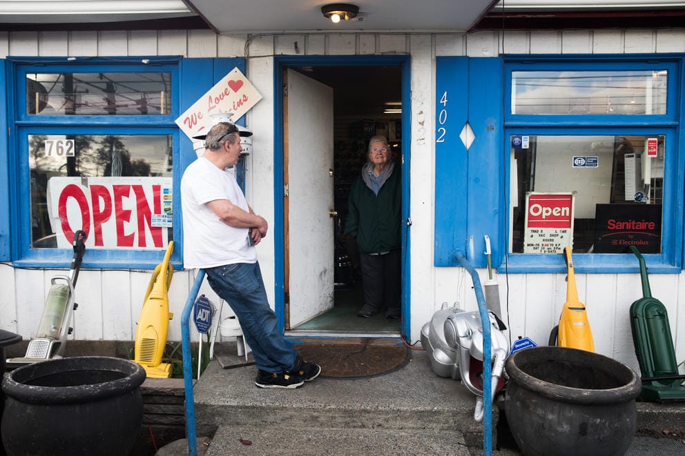 Co-owners Guy McNally and mother JoAnn James at The Vac Shop in Seattle's Georgetown neighborhood, Nov. 16, 2018. 