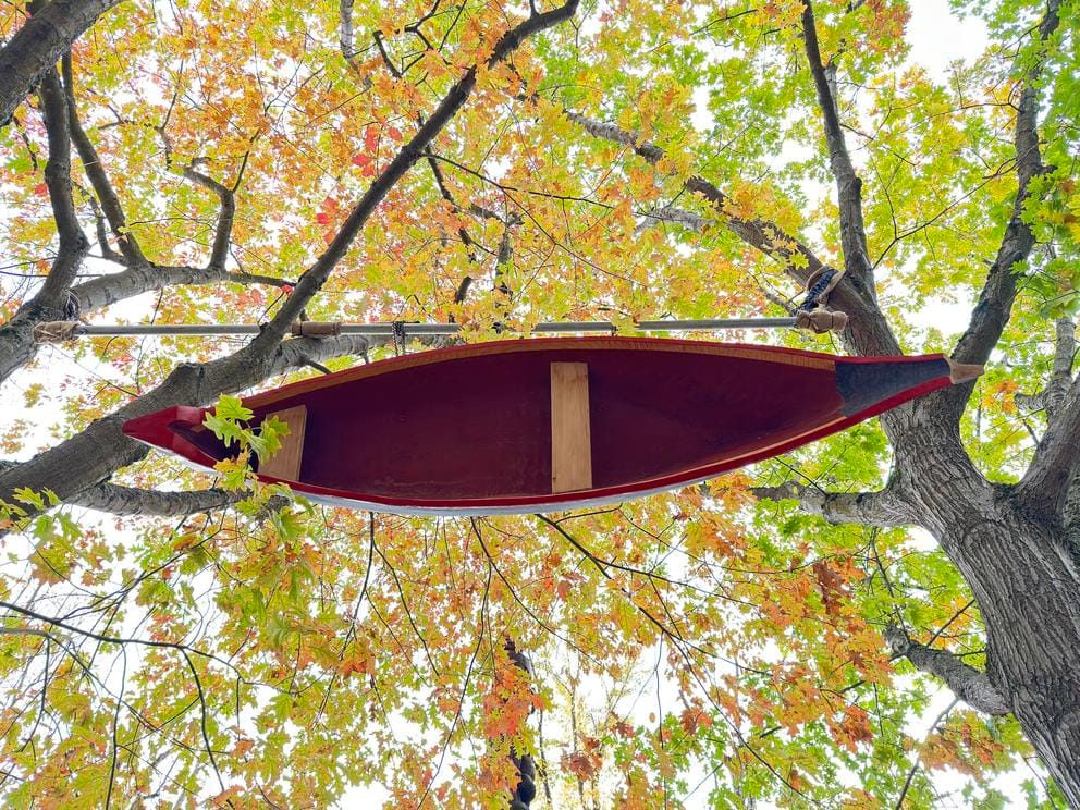 Canoe hangs upside down in a tree, photo taken from the ground up