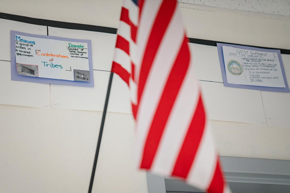 The walls of history teacher Alison McCartan’s classroom at River Ridge High School