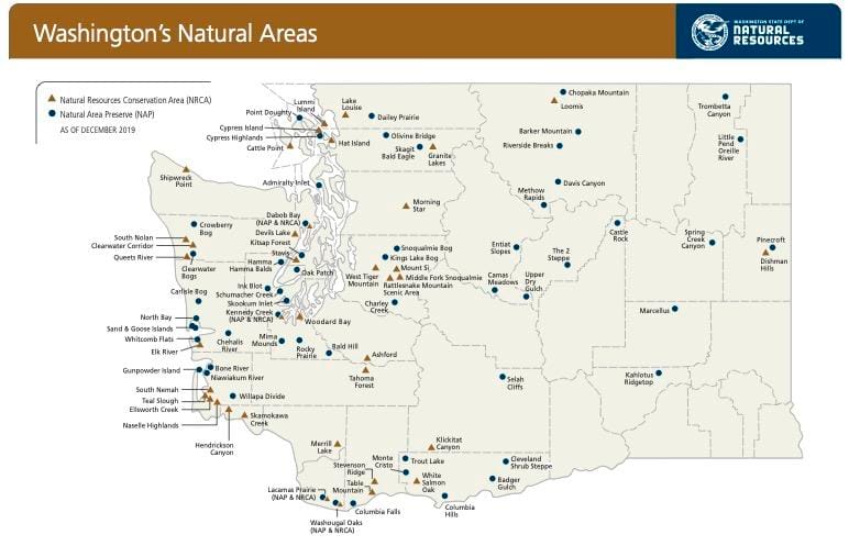 a map showing locations of Natural Areas in Washington state