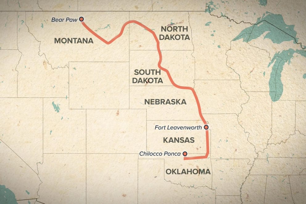 Map showing path of Nez Perce movement from Montana to Oklahoma.